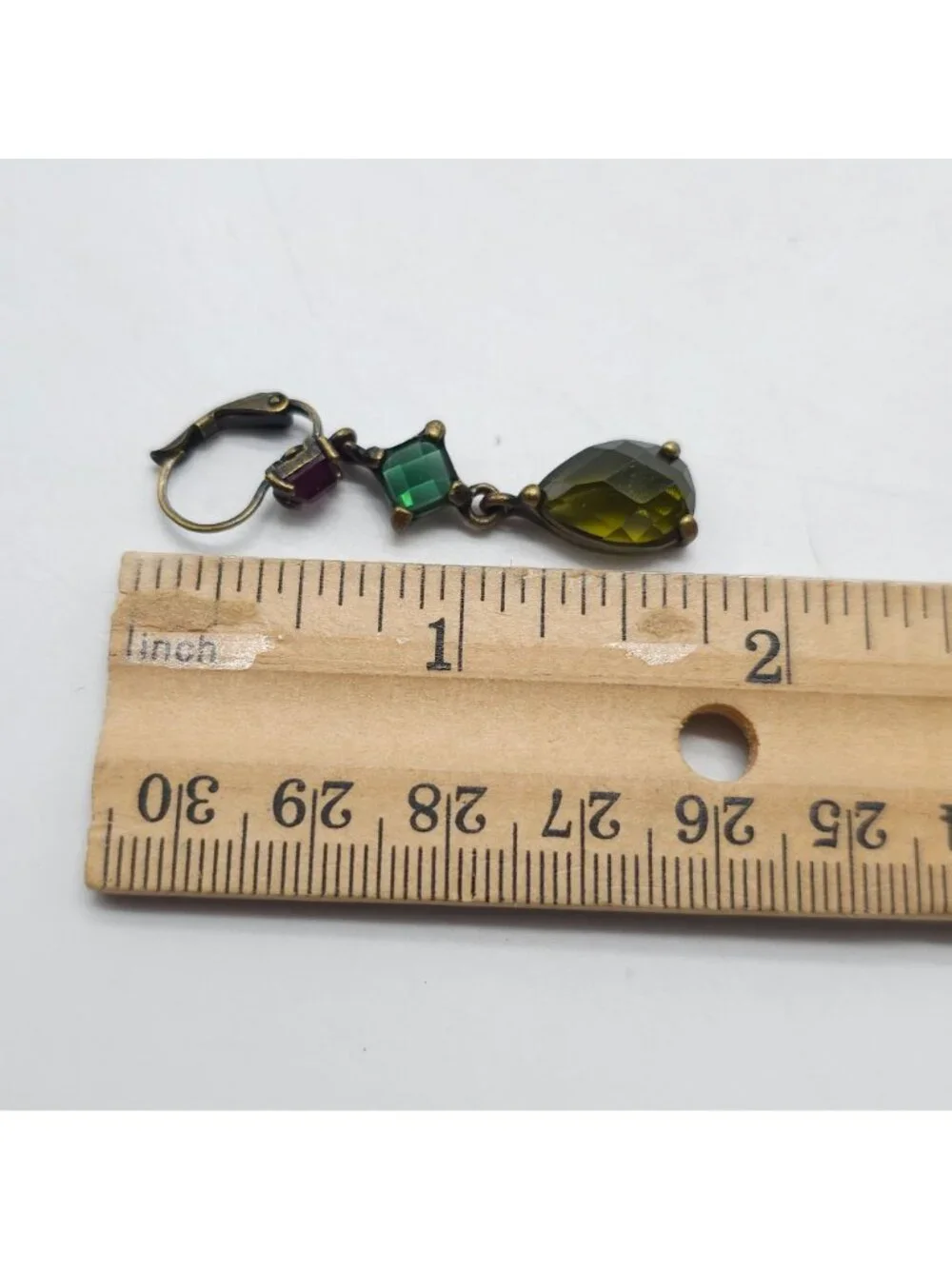 Geometric Linear Drop Earrings With Green & Pink Accent Stones Antique Gold-Tone
